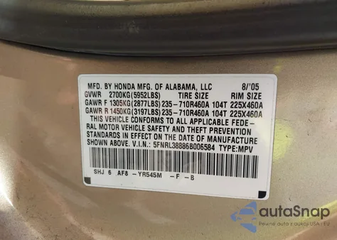 2006 Honda Odyssey Touring из США, поврежденный, VIN 5FNRL38886B006584